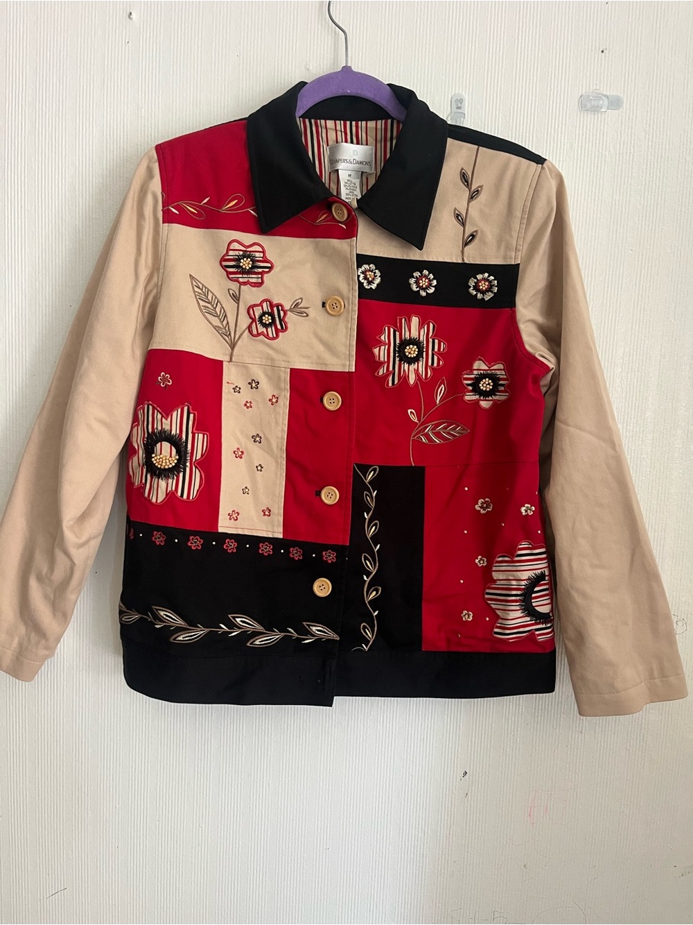 Patchwork Floral Embroidered Blazer Jacket - Red & Beige  zise M